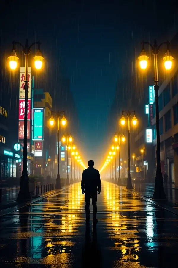 电影天堂人物关系阅读配图：雨夜灯光下独自行走的人